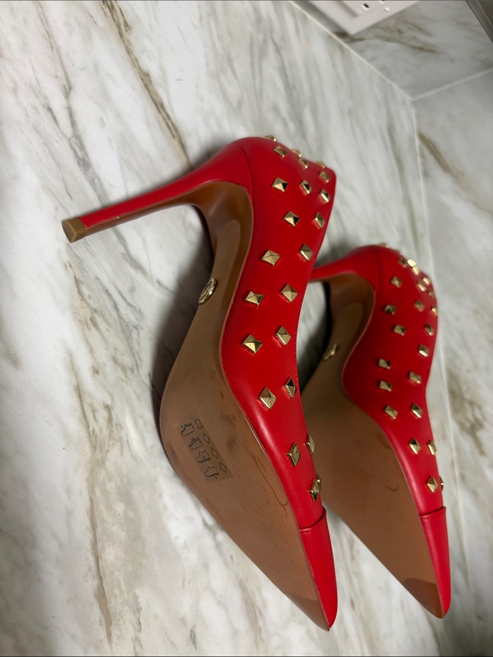 Michael Kors Red Leather Studded Pointed Pumps - Picture 3 of 8
